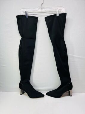 Zara Black Over-the-Knee Stretch Boots with Silver Block Heel